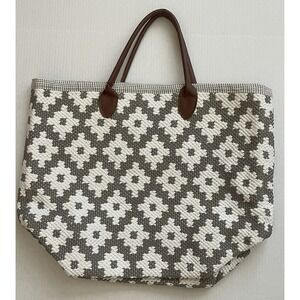 Annie Selke Fresh American Grand Tote Bag NWOT Gray Ivory Geometric Woven XL